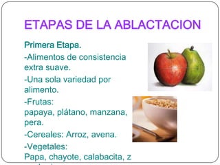 ETAPAS DE LA ABLACTACIONPrimera Etapa.-Alimentos de consistencia extra suave.-Una sola variedad por alimento.-Frutas: papaya, plátano, manzana, pera.-Cereales: Arroz, avena.-Vegetales: Papa, chayote, calabacita, zanahoria.