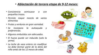 • Consistencia semisuave o con
pequeños trozos.
• Permite mayor mezcla de varios
alimentos
• Frutas y verduras en gran variedad.
• Se incorpora la autoayuda y
preferencias.
• Algunos embutidos son adecuados.
• El huevo puede ser inducido (solo la
yema).
• La leche de vaca entera sin modificar
no debe formar parte de la dieta del
niño antes de los 12 meses de edad.
• Ablactación de tercera etapa de 9-12 meses:
 