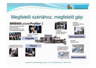 Lignomat Kft. H-9700 Szombathely, Vépi u. 12. Tel.: +36 94 900 050 Fax.: +36 94 314 255
Megfelelő szériához, megfelelő gép
BMB900 powerProfiler 2
4 tengelyes főorsó 18,5 kW
szerszámazonosító chip-vel
Főorsó
Rögzítés
Automatizálás
Szerszámcsere
FLEX5 – 5 tengelyes
aggregát
Konzolos asztal PowerClamp
rögzítő elemekkel,
vákuumpapucsokkal az íves
és sík alkatrészek rögzítésére multiChain
szerszámcserélő több,
mint 216 tárhellyel
Kiegészítő
szerszámcserélő akár
72 tárhellyel
4 oldalas gyalugép és
impregnáló automata
gépsorba illesztése
Automata
adagolórendszer
 