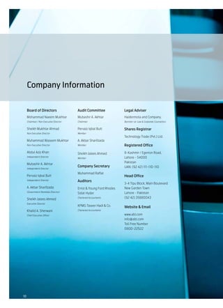 Company Information

     Board of Directors                  Audit Committee             Legal Adviser
     Mohammad Naeem Mukhtar              Mubashir A. Akhtar          Haidermota and Company,
     Chairman / Non Executive Director   Chairman                    Barrister-at-Law & Corporate Counsellors


     Sheikh Mukhtar Ahmad                Pervaiz Iqbal Butt          Shares Registrar
     Non Executive Director              Member
                                                                     Technology Trade (Pvt.) Ltd.
     Muhammad Waseem Mukhtar             A. Akbar Sharifzada
     Non Executive Director              Member                      Registered Office
     Abdul Aziz Khan                     Sheikh Jalees Ahmed         8-Kashmir / Egerton Road,
     Independent Director
                                         Member                      Lahore - 54000
                                                                     Pakistan	
     Mubashir A. Akhtar
                                         Company Secretary           UAN: (92 42) 111-110-110
     Independent Director

                                         Muhammad Raffat
     Pervaiz Iqbal Butt                                              Head Office
     Independent Director                Auditors
                                                                     3-4 Tipu Block, Main Boulevard
     A. Akbar Sharifzada                 Ernst & Young Ford Rhodes   New Garden Town
     (Government Nominee Director)                                   Lahore - Pakistan
                                         Sidat Hyder
     Sheikh Jalees Ahmed                 Chartered Accountants       (92 42) 35880043
     Executive Director                                              		
                                         KPMG Taseer Hadi & Co.      Website & Email 	          	
     Khalid A. Sherwani                  Chartered Accountants

     Chief Executive Officer                                         www.abl.com
                                                                     info@abl.com
                                                                     Toll Free Number
                                                                     0800-22522




10
 