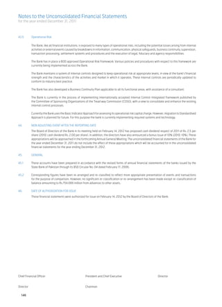 Notes to the Unconsolidated Financial Statements
for the year ended December 31, 2011



43.5	      Operational Risk

	    	 he Bank, like all financial institutions, is exposed to many types of operational risks, including the potential losses arising from internal
     T
     activities or external events caused by breakdowns in information, communication, physical safeguards, business continuity, supervision,
     transaction processing, settlement systems and procedures and the execution of legal, fiduciary and agency responsibilities.			
     					
	    The Bank has in place a BOD approved Operational Risk Framework. Various policies and procedures with respect to this framework are
     currently being implemented across the Bank. 	
					
	    The Bank maintains a system of internal controls designed to keep operational risk at appropriate levels, in view of the bank’s financial
     strength and the characteristics of the activities and market in which it operates. These internal controls are periodically updated to
     conform to industry best practice. 	
					
	    The Bank has also developed a Business Continuity Plan applicable to all its functional areas, with assistance of a consultant. 			
     											
     The Bank is currently in the process of implementing internationally accepted Internal Control-Integrated Framework published by
     the Committee of Sponsoring Organizations of the Tread way Commission (COSO), with a view to consolidate and enhance the existing
     internal control processes.
							
	    Currently the Bank uses the Basic Indicator Approach for assessing its operational risk capital charge. However, migration to Standardised
     Approach is planned for future. For this purpose the bank is currently implementing required systems and technology. 			
     								
44.	 NON ADJUSTING EVENT AFTER THE REPORTING DATE 							
	   The Board of Directors of the Bank in its meeting held on February 14, 2012 has proposed cash dividend respect of 2011 of Rs. 2.5 per
    share (2010: cash dividend Rs. 2.00 per share). In addition, the directors have also announced a bonus issue of 10% (2010: 10%). These
    appropriations will be approached in the forthcoming Annual General Meeting. The unconsolidated financial statements of the Bank for
    the year ended December 31, 2011 do not include the effect of these appropriations which will be accounted for in the unconsolidated
    financial statements for the year ending December 31, 2012.										
    					
45.	GENERAL

45.1	 These accounts have been prepared in accordance with the revised forms of annual financial statements of the banks issued by the
      State Bank of Pakistan through its BSD Circular No. 04 dated February 17, 2006.
			
45.2	 Corresponding figures have been re-arranged and re-classified to reflect more appropriate presentation of events and transactions
      for the purpose of comparison. However, no significant re-classification or re-arrangement has been made except re-classification of
      balance amounting to Rs.754.088 million from advances to other assets.	
	
46.	  DATE OF AUTHORIZATION FOR ISSUE										
	          These financial statements were authorized for issue on February 14, 2012 by the Board of Directors of the Bank.




Chief Financial Officer	                               President and Chief Executive	                             Director	


Director	Chairman

    146
 