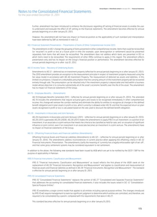 Annual Report of Allied Bank Limited for the year 2011 | Financial Statements

Notes to the Consolidated Financial Statements
for the year ended December 31, 2011



	              Further, amendment has been introduced to enhance the disclosures regarding off setting of financial assets to enable the user
               to understand and evaluate the effect of off-setting on the financial statements. The amendment becomes effective for annual
               periods beginning on or after January 01, 2013.

	              However, the amendment will not have any impact on financial position as the applicability of such standard and interpretation
               have been deferred by SBP as mentioned in note 3.2.
	
	         IAS 1 Financial Statement Presentation – Presentation of Items of Other Comprehensive Income (OCI)
	              The amendments to IAS 1 change the grouping of items presented in other comprehensive income. Items that could be reclassified
               (or ‘recycled’) to profit or loss at a future point in time (for example, upon derecognition or settlement) would be presented
               separately from items that will never be reclassified. The amendment does not address which items are presented in OCI or
               which items need to be reclassified. The requirements of other IFRSs continue to apply in this regard. The amendment affects
               presentation only and has no impact on the Group’s financial position or performance. The amendment becomes effective for
               annual periods beginning on or after July 01, 2012.	

	         IAS 12 Income Taxes – Recovery of Underlying Assets
	       Amendments to IAS 12 – deferred tax on investment property (effective for annual periods beginning on or after January 01, 2012).
        The 2010 amendment provides an exception to the measurement principle in respect of investment property measured using the
        fair value model in accordance with IAS 40 Investment Property. The measurement of deferred tax assets and liabilities, in this
        limited circumstance, is based on a rebuttable presumption that the carrying amount of the investment property will be recovered
        entirely through sale. The presumption can be rebutted only if the investment property is depreciable and held within a business
        model whose objective is to consume substantially all of the asset’s economic benefits over the life of the asset. The amendment
        has no impact on financial statements of the Group.
		
	 IAS 19 – Employee Benefits – (Amendment)						
	              IAS 19 Employee Benefits (amended 2011) - (effective for annual periods beginning on or after January 01, 2013). The amended
               IAS 19 includes the amendments that require actuarial gains and losses to be recognised immediately in other comprehensive
               income; this change will remove the corridor method and eliminate the ability for entities to recognise all changes in the defined
               benefit obligation and in plan assets in profit or loss, which currently is allowed under IAS 19; and that the expected return on plan
               assets recognised in profit or loss is calculated based on the rate used to discount the defined benefit obligation.

	         IAS 28 - Investments in Associates and Joint Ventures
	              IAS 28 Investments in Associates and Joint Ventures (2011) - (effective for annual periods beginning on or after January 01, 2013).
               IAS 28 (2011) supersedes IAS 28 (2008). IAS 28 (2011) makes the amendments to apply IFRS 5 to an investment, or a portion of an
               investment, in an associate or a joint venture that meets the criteria to be classified as held for sale; and on cessation of significant
               influence or joint control, even if an investment in an associate becomes an investment in a joint venture. The amendments have
               no impact on financial statements of the Group.					

	         IAS 32 - Offsetting Financial Assets and Financial Liabilities (Amendments)
	              Offsetting Financial Assets and Financial Liabilities (Amendments to IAS 32) – (effective for annual periods beginning on or after
               January 01, 2014). The amendments address inconsistencies in current practice when applying the offsetting criteria in IAS 32
               Financial Instruments: Presentation. The amendments clarify the meaning of ‘currently has a legally enforceable right of set-off’;
               and that some gross settlement systems may be considered equivalent to net settlement.

	 In addition to the above, the following new standards have been issued by IASB which are yet to be notified by the SECP / SBP for the
  purpose of applicability in Pakistan.
		
	 IFRS 9 Financial Instruments: Classification and Measurement						
	              IFRS 9 “Financial Instruments: Classification and Measurement” as issued reflects the first phase of the IASB’s work on the
               replacement of IAS 39 “Financial Instruments: Recognition and Measurement” and applies to classification and measurement of
               financial assets and financial liabilities as defined in IAS 39 “Financial Instruments: Recognition and Measurement”. The standard
               is effective for annual periods beginning on or after January 01, 2013.
	
	         IFRS 10 Consolidated Financial Statements						
	              IFRS 10 “Consolidated Financial Statements” replaces the portion of IAS 27 ”Consolidated and Separate Financial Statements”
               that addresses the accounting for consolidated financial statements. It also includes the issues raised in SIC-12 ”Consolidation-
               Special Purpose Entities”.

	              IFRS 10 establishes a single control model that applies to all entities including special purpose entities. The changes introduced
               by IFRS 10 will require management to exercise significant judgment to determine which entities are controlled, and therefore, are
               required to be consolidated by a parent, compared with the requirements that were in IAS 27.				
               	
	              This standard becomes effective for annual periods beginning on or after January 01,2013.				
               	

                                                                                                                                                                    173
 