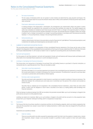 Annual Report of Allied Bank Limited for the year 2011 | Financial Statements

Notes to the Consolidated Financial Statements
for the year ended December 31, 2011



	        v)	       Fair value of derivatives
		     The fair values of derivatives which are not quoted in active markets are determined by using valuation techniques. The
       valuation techniques take into account the relevant interest rates in effect at the statement of financial position date and the
       rates contracted.	
		
	 vi)	 Fixed assets, depreciation and amortization
		                 In making estimates of the depreciation / amortization, the management uses method which reflects the pattern in which
                   economic benefits are expected to be consumed by the Group and estimates the useful life. The method applied and
                   useful lives estimated are reviewed at each financial year end and if there is a change in the expected pattern or timing of
                   consumption of the future economic benefits embodied in the assets, the estimate would be changed to reflect the change
                   in pattern. Such a change is accounted for as change in accounting estimates in accordance with International Accounting
                   Standard - 8, “Accounting Policies, Changes in Accounting Estimates and Errors”.	

	        vii)	     Defined benefits plan	
		                 Liability is determined on the basis of actuarial advice using the Projected Unit Credit Method. The actuarial assumptions used
                   to determine the liability and related expense are disclosed in note 36.					

5.	      SUMMARY OF SIGNIFICANT ACCOUNTING POLICIES	
	        The accounting policies adopted in the preparation of these consolidated financial statements of the Group are the same as those
         applied in the preparation of the consolidated financial statements of the Group for the year ended December 31, 2010 and of the bank
         for the year ended December 31, 2011 except as stated in note 3.3. Significant accounting policies are enumerated as follows:

5.1	     Cash and cash equivalents
	        For the purpose of cash flow statement, cash and cash equivalents include cash and balances with treasury banks and balances with
         other banks (net of overdrawn Nostro balances) in current and deposit accounts.

5.2	     Lendings to / borrowings from financial institutions	
	        The Group enters into transactions of borrowing (re-purchase) from and lending (reverse re-purchase) to financial institutions, at
         contracted rates for a specified period of time. These are recorded as under:

	        (a)	      Sale under re-purchase agreements
		                 Securities sold subject to a re-purchase agreement are retained in the consolidated financial statements as investments and
                   the counter party liability is included in borrowings from financial institutions. The differential in sale and re-purchase value
                   is accrued on a prorata basis and recorded as interest expense.	

	        (b)	      Purchase under resale agreements
		                 Securities purchased under agreement to resell (reverse re-purchase) are included in lendings to financial institutions. The
                   differential between the contracted price and resale price is amortised over the period of the contract and recorded as
                   interest income.	

		                 Securities held as collateral are not recognized in the consolidated financial statements, unless these are sold to third
                   parties, in which case the obligation to return them is recorded at fair value as a trading liability under borrowings from
                   financial institutions.	

	        Other borrowings including borrowings from SBP are recorded at the proceeds received. Mark-up on such borrowings is charged to the
         profit and loss account on a time proportion basis.	

	   Lendings are stated net of provision. Mark-up on such lending is charged to the profit and loss account on a time proportion basis
    except mark-up on impaired / delinquent lendings, which is recognized on receipt basis.
							
5.3	Investments
5.3.1	   The Group at the time of purchase classifies its investment portfolio into the following categories, which are initially recognized at fair
         value plus the acquisition cost, except in case of held-for-trading investments, in which cases, these are charged off to the profit and
         loss account.

	Investments are classified as follows:						
							
	 (a)	Held-for-trading
		These are securities which are either acquired for generating a profit from short-term fluctuations in market prices, interest
  rate movements, dealer’s margin or are securities included in a portfolio in which a pattern of short-term profit taking
  exists.	
			

                                                                                                                                                                 175
 