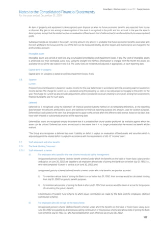 Annual Report of Allied Bank Limited for the year 2011 | Financial Statements

Notes to the Consolidated Financial Statements
for the year ended December 31, 2011



	 An item of property and equipment is derecognized upon disposal or when no future economic benefits are expected from its use
  or disposal. Any gain or loss arising on derecognition of the asset is recognized in the profit and loss account in the year the asset is
  derecognized, except that the related surplus on revaluation of fixed assets (net of deferred tax) is transferred directly to unappropriated
  profit.
					
	 Subsequent costs are included in the asset’s carrying amount only when it is probable that future economic benefits associated with
  the item will flow to the Group and the cost of the item can be measured reliably. All other repairs and maintenance are charged to the
  profit and loss account.
			
	 Intangible assets
	          Intangible assets are carried at cost less any accumulated amortization and impairment losses, if any. The cost of intangible assets
           is amortized over their estimated useful lives, using the straight line method. Amortization is charged from the month the assets are
           available for use at the rate stated in note 11.3. The useful lives are reviewed and adjusted, if appropriate, at each reporting date.

	          Capital work-in-progress
	   Capital work- in- progress is stated at cost less impairment losses, if any.						
							
5.6	Taxation	
	Current
	Provision for current taxation is based on taxable income for the year determined in accordance with the prevailing laws for taxation on
 income earned. The charge for current tax is calculated using the prevailing tax rates or tax rates expected to apply to the profits for the
 year. The charge for current tax also includes adjustments, where considered necessary relating to prior years, arising from assessments
 finalised during the year for such years.	
		
	Deferred	
	          Deferred tax is recognized using the statement of financial position liability method on all temporary differences, at the reporting
           date between the amounts attributed to assets and liabilities for financial reporting purpose and amounts used for taxation purposes.
           Deferred tax is calculated at the rates that are expected to apply to the periods when the difference will reverse, based on tax rates that
           have been enacted or substantially enacted at the reporting date.

	          Deferred tax assets are recognized only to the extent that it is probable that future taxable profits will be available against which the
           assets can be utilized. Deferred tax assets are reduced to the extent that it is no longer probable that the related tax benefit will be
           realised.	

	          “The Group also recognizes a deferred tax asset / liability on deficit / surplus on revaluation of fixed assets and securities which is
           adjusted against the related deficit / surplus in accordance with the requirements of IAS-12 “Income Taxes”.

5.7	       Staff retirement and other benefits
5.7.1	     The Bank (Holding Company)
5.7.1.1	   Staff retirement schemes
	          a)	        For employees who opted for the new scheme introduced by the management:
		                    An approved pension scheme (defined benefit scheme) under which the benefits on the basis of frozen basic salary service
                      and age as on June 30, 2002 are payable to all employees whose date of joining the Bank is on or before July 01, 1992, i.e.,
                      who have completed 10 years of service as on June 30, 2002; and

		                    An approved gratuity scheme (defined benefit scheme) under which the benefits are payable as under:

		                    i)	    For members whose date of joining the Bank is on or before July 01, 1992, their services would be calculated starting
                             from July 01, 2002 for gratuity benefit purposes.

		                    ii)	   For members whose date of joining the Bank is after July 01, 1992 their services would be taken at actual for the purpose
                             of calculating the gratuity benefit.

		                    A Contributory Provident Fund scheme to which equal contribution are made by the Bank and the employees (defined
                      contribution scheme).

	          b)	        For employees who did not opt for the new scheme:	
		                    An approved pension scheme (defined benefit scheme) under which the benefits on the basis of frozen basic salary as on
                      June 30, 2002 are payable to all employees opting continuation of the previous scheme and whose date of joining the Bank
                      is on or before July 01, 1992, i.e., who had completed ten years of service as on June 30, 2002.

                                                                                                                                                                    177
 