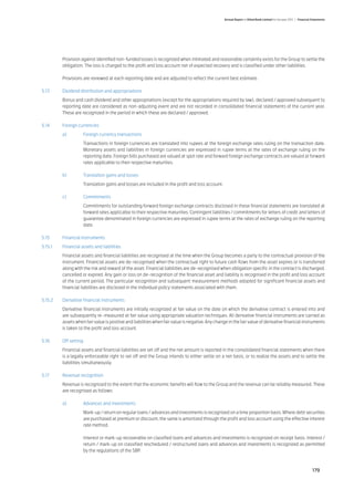 Annual Report of Allied Bank Limited for the year 2011 | Financial Statements




	          Provision against identified non-funded losses is recognized when intimated and reasonable certainity exists for the Group to settle the
           obligation. The loss is charged to the profit and loss account net of expected recovery and is classified under other liabilities.

	          Provisions are reviewed at each reporting date and are adjusted to reflect the current best estimate.

5.13	      Dividend distribution and appropriations	
	          Bonus and cash dividend and other appropriations (except for the appropriations required by law), declared / approved subsequent to
           reporting date are considered as non-adjusting event and are not recorded in consolidated financial statements of the current year.
           These are recognized in the period in which these are declared / approved.

5.14	      Foreign currencies
	          a)	        Foreign currency transactions
		     Transactions in foreign currencies are translated into rupees at the foreign exchange rates ruling on the transaction date.
       Monetary assets and liabilities in foreign currencies are expressed in rupee terms at the rates of exchange ruling on the
       reporting date. Foreign bills purchased are valued at spot rate and forward foreign exchange contracts are valued at forward
       rates applicable to their respective maturities.
				
	 b) 	 Translation gains and losses
		                    Translation gains and losses are included in the profit and loss account.

	          c) 	       Commitments
	          	          Commitments for outstanding forward foreign exchange contracts disclosed in these financial statements are translated at
                      forward rates applicable to their respective maturities. Contingent liabilities / commitments for letters of credit and letters of
                      guarantee denominated in foreign currencies are expressed in rupee terms at the rates of exchange ruling on the reporting
                      date.

5.15	      Financial instruments
5.15.1	    Financial assets and liabilities
	          Financial assets and financial liabilities are recognised at the time when the Group becomes a party to the contractual provision of the
           instrument. Financial assets are de-recognised when the contractual right to future cash flows from the asset expires or is transferred
           along with the risk and reward of the asset. Financial liabilities are de-recognised when obligation specific in the contract is discharged,
           cancelled or expired. Any gain or loss on de-recognition of the financial asset and liability is recognised in the profit and loss account
           of the current period. The particular recognition and subsequent measurement methods adopted for significant financial assets and
           financial liabilities are disclosed in the individual policy statements associated with them.

5.15.2	    Derivative financial instruments	
	     Derivative financial instruments are initially recognized at fair value on the date on which the derivative contract is entered into and
      are subsequently re–measured at fair value using appropriate valuation techniques. All derivative financial instruments are carried as
      assets when fair value is positive and liabilities when fair value is negative. Any change in the fair value of derivative financial instruments
      is taken to the profit and loss account.
		
5.16	 Off setting
	     Financial assets and financial liabilities are set off and the net amount is reported in the consolidated financial statements when there
      is a legally enforceable right to set off and the Group intends to either settle on a net basis, or to realize the assets and to settle the
      liabilities simultaneously.
				
5.17	 Revenue recognition
	 Revenue is recognized to the extent that the economic benefits will flow to the Group and the revenue can be reliably measured. These
  are recognised as follows:
			
	 a)	       Advances and investments
		                    Mark-up / return on regular loans / advances and investments is recognized on a time proportion basis. Where debt securities
                      are purchased at premium or discount, the same is amortized through the profit and loss account using the effective interest
                      rate method.

		                    Interest or mark-up recoverable on classified loans and advances and investments is recognized on receipt basis. Interest /
                      return / mark-up on classified rescheduled / restructured loans and advances and investments is recognized as permitted
                      by the regulations of the SBP.



                                                                                                                                                                     179
 