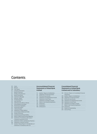 Contents

02	Vision                                         Unconsolidated Financial                   Consolidated Financial
04 	 Mission
06	 Core Values
                                                  Statements of Allied Bank                  Statements of Allied Bank
10	 Company Information                           Limited                                    Limited and its Subsidiary
12	 Board of Directors
                                                  73	    Auditors’ Report to the Members     164	 Directors’ Report on Consolidated Financial 	
14	 Profiles of the Directors
                                                  74	    Statement of Financial Position     	Statements
18	 Board Committees
                                                  75	    Profit and Loss Account             165	 Auditors’ Report to the Members
20	 Chairman’s Message
                                                  76	    Statement of Comprehensive Income   166	 Statement of Financial Position
22	 Directors’ Report
                                                  77	    Statement of Cash Flows             167	 Profit and Loss Account
28	 The Management
                                                  78	    Statement of Changes in Equity      168	 Statement of Comprehensive Income
32	Org-Structure
                                                  79	    Notes to the Financial Statements   169	 Statement of Cash Flows
34	 Chief Executive Officer’s Review
                                                  147	   Annexures I                         170	 Statement of Changes in Equity
47	 Entity Ratings of the Bank
                                                  157	   Annexures II                        171	 Notes to the Financial Statements
48	 Performance Highlights
                                                  159	   Annexures III                       239	 Annexure II
52	 Horizontal Analysis
                                                                                             241	 Pattern of Shareholding
54	 Vertical Analysis
                                                                                             247	 Form of Proxy
56	Statement of Value Addition
57	 Concentration & Maturity Profile
58	 Product & Services
60	 Corporate Social Responsibility
64	 Notice of 66th Annual General Meeting
66	 Statement of Compliance with Code of 		
	    Corporate Governance (CCG)
67	 Statement of Ethics and Business Practices
69	 Statement of Internal Controls
70	 Auditors’ Review Report to the Members on 	
	    Statement of Compliance with CCG
 