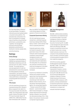 Annual Report of Allied Bank Limited for the year 2011




the “Best Retail Bank in Pakistan”       Minus) by PACRA. The rating denotes        ABL Asset Management
by the Asian Banker. The award is        a very strong capacity for timely          Company
referred by prominent global bankers,    payment of financial commitments.
                                                                                    ABL AMC, a wholly owned subsidiary
consultants and academics. The
                                         Corporate Governance Rating                of Allied Bank, has established itself
evaluation was conducted on the
                                                                                    as a prominent player in the asset
basis of transparency in strategy;       JCR-VIS Credit Rating Company
                                                                                    management industry of Pakistan.
value of franchise; annual financial     Limited has re-affirmed Corporate
                                                                                    After launch of the Government
performance; sustainability; sales       Governance Rating (CGR) of Allied
                                                                                    Securities Fund during 2011, the AMC
capability; risk management;             Bank at “CGR 8+” which denotes ‘high
                                                                                    is now managing five open end funds.
processes and technology;                level of corporate governance’.
                                                                                    Other fund offerings of ABL AMC
penetration and efficiency of
                                         Corporate governance ratings               include a conventional income fund,
distribution channels; people skills;
                                         are based on evaluation of key             an Islamic income fund, a money
and ethical banking.
                                         governance areas of the rated              market fund and a stock fund. The
Ratings                                  institution, which include regulatory      company’s funds provided impressive
                                         compliance; board oversight;               returns and were consistently ranked
Entity Ratings                           management profile; self-                  in the top quartile throughout 2011 in
The Pakistan Credit Rating Agency        regulation; financial transparency         their respective categories.
(PACRA) has maintained ratings of        and relationship with stakeholders.
                                                                                    JCR-VIS has recently upgraded
Allied Bank Limited [long-term: AA       The rating takes into consideration
                                                                                    the Management Quality rating of
and short term: A1+] with a “Positive    the continued commitment of the
                                                                                    ABL AMC to ‘AM2-’ from ‘AM3+’,
Outlook”. The ratings denote a           board and management of the Bank
                                                                                    acknowledging continuous
very low expectation of credit risk      to maintain a sound governance
                                                                                    improvement in systems, controls
emanating from a very strong capacity    framework.
                                                                                    and performance of the Company.
for timely payment of financial
                                         As part of our initiatives to constantly   During 2011, ABL AMC became only
commitments. The Positive Outlook
                                         improve and compare ourselves              the second Asset Management
acknowledges Allied Bank’s consistent
robust performance, emanating from       against best international practices       Company in Pakistan to achieve
sustained growth and sound asset         and bench-marks, the Bank                  Global Investment Performance
quality.                                 voluntarily get itself rated from          Standards (GIPS) compliance. GIPS
                                         Moody’s Investor Services, one of          provide a universal standardization
TFCs Issues                              the premier International Rating           of investment performance reporting
JCR-VIS Credit Rating Company has        Agency. The ratings [Bank Deposits         which provides investors additional
maintained rating of AA- (Double A       - Foreign Currency: B3/ NP; Bank           transparency to compare and
Minus) assigned to the Bank’s 1st        Deposits - Local Currency: B1/NP;          evaluate investment managers.
TFC Issue (issue date: December 06,      Bank Financial Strength: E+], though
2006). This rating denotes high credit   heavily influenced by the Sovereign
quality. Rating of the Bank’s second     Ratings of Pakistan, are at par with
TFC Issue (Issue date: August 28,        the international ratings of Tier-1 Peer
2009) of Rs. 3,000 million has also      Banks in the domestic Industry as well
been maintained at AA- (Double A         as important regional players.



                                                                                                                                                 43
 