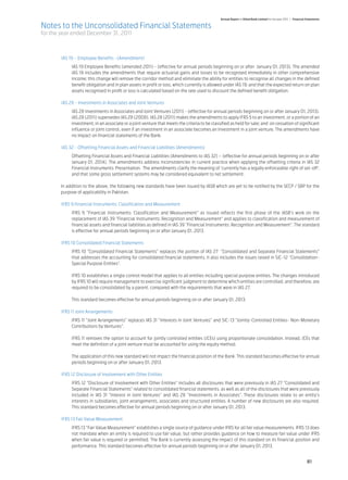 Annual Report of Allied Bank Limited for the year 2011 | Financial Statements

Notes to the Unconsolidated Financial Statements
for the year ended December 31, 2011



	       IAS 19 – Employee Benefits –(Amendment)	
	            IAS 19 Employee Benefits (amended 2011) - (effective for annual periods beginning on or after January 01, 2013). The amended
             IAS 19 includes the amendments that require actuarial gains and losses to be recognised immediately in other comprehensive
             income; this change will remove the corridor method and eliminate the ability for entities to recognise all changes in the defined
             benefit obligation and in plan assets in profit or loss, which currently is allowed under IAS 19; and that the expected return on plan
             assets recognised in profit or loss is calculated based on the rate used to discount the defined benefit obligation. 	

	       IAS 28 - Investments in Associates and Joint Ventures 	
	            IAS 28 Investments in Associates and Joint Ventures (2011) - (effective for annual periods beginning on or after January 01, 2013).
             IAS 28 (2011) supersedes IAS 28 (2008). IAS 28 (2011) makes the amendments to apply IFRS 5 to an investment, or a portion of an
             investment, in an associate or a joint venture that meets the criteria to be classified as held for sale; and on cessation of significant
             influence or joint control, even if an investment in an associate becomes an investment in a joint venture. The amendments have
             no impact on financial statements of the Bank.	

	       IAS 32 - Offsetting Financial Assets and Financial Liabilities (Amendments)	
	            Offsetting Financial Assets and Financial Liabilities (Amendments to IAS 32) – (effective for annual periods beginning on or after
             January 01, 2014). The amendments address inconsistencies in current practice when applying the offsetting criteria in IAS 32
             Financial Instruments: Presentation. The amendments clarify the meaning of ‘currently has a legally enforceable right of set-off’;
             and that some gross settlement systems may be considered equivalent to net settlement.	

	      In addition to the above, the following new standards have been issued by IASB which are yet to be notified by the SECP / SBP for the
       purpose of applicability in Pakistan.	

	       IFRS 9 Financial Instruments: Classification and Measurement	
	            IFRS 9 “Financial Instruments: Classification and Measurement” as issued reflects the first phase of the IASB’s work on the
             replacement of IAS 39 “Financial Instruments: Recognition and Measurement” and applies to classification and measurement of
             financial assets and financial liabilities as defined in IAS 39 “Financial Instruments: Recognition and Measurement”. The standard
             is effective for annual periods beginning on or after January 01, 2013.	

	       IFRS 10 Consolidated Financial Statements	
	            IFRS 10 “Consolidated Financial Statements” replaces the portion of IAS 27 “Consolidated and Separate Financial Statements”
             that addresses the accounting for consolidated financial statements. It also includes the issues raised in SIC-12 ”Consolidation-
             Special Purpose Entities”.

	            IFRS 10 establishes a single control model that applies to all entities including special purpose entities. The changes introduced
             by IFRS 10 will require management to exercise significant judgment to determine which entities are controlled, and therefore, are
             required to be consolidated by a parent, compared with the requirements that were in IAS 27.

	            This standard becomes effective for annual periods beginning on or after January 01, 2013.	

	       IFRS 11 Joint Arrangements	
	            IFRS 11 “Joint Arrangements” replaces IAS 31 “Interests in Joint Ventures” and SIC-13 ”Jointly-Controlled Entities- Non-Monetary
             Contributions by Ventures”.

	            IFRS 11 removes the option to account for jointly controlled entities (JCEs) using proportionate consolidation. Instead, JCEs that
             meet the definition of a joint venture must be accounted for using the equity method.

	            The application of this new standard will not impact the financial position of the Bank. This standard becomes effective for annual
             periods beginning on or after January 01, 2013.	

	       IFRS 12 Disclosure of Involvement with Other Entities	
	            IFRS 12 “Disclosure of Involvement with Other Entities” includes all disclosures that were previously in IAS 27 “Consolidated and
             Separate Financial Statements” related to consolidated financial statements, as well as all of the disclosures that were previously
             included in IAS 31 “Interest in Joint Ventures” and IAS 28 “Investments in Associates”. These disclosures relate to an entity’s
             interests in subsidiaries, joint arrangements, associates and structured entities. A number of new disclosures are also required.
             This standard becomes effective for annual periods beginning on or after January 01, 2013.

	       IFRS 13 Fair Value Measurement	
	            IFRS 13 “Fair Value Measurement” establishes a single source of guidance under IFRS for all fair value measurements. IFRS 13 does
             not mandate when an entity is required to use fair value, but rather provides guidance on how to measure fair value under IFRS
             when fair value is required or permitted. The Bank is currently assessing the impact of this standard on its financial position and
             performance. This standard becomes effective for annual periods beginning on or after January 01, 2013.	
	

                                                                                                                                                                  81
 