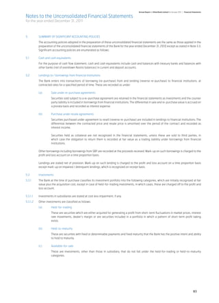 Annual Report of Allied Bank Limited for the year 2011 | Financial Statements

Notes to the Unconsolidated Financial Statements
for the year ended December 31, 2011



5.	        SUMMARY OF SIGNIFICANT ACCOUNTING POLICIES	
	          The accounting policies adopted in the preparation of these unconsolidated financial statements are the same as those applied in the
           preparation of the unconsolidated financial statements of the Bank for the year ended December 31, 2010 except as stated in Note 3.3.
           Significant accounting policies are enumerated as follows:	

5.1	       Cash and cash equivalents	
	          For the purpose of cash flow statement, cash and cash equivalents include cash and balances with treasury banks and balances with
           other banks (net of overdrawn Nostro balances) in current and deposit accounts.	
	
5.2	       Lendings to / borrowings from financial institutions	
	          The Bank enters into transactions of borrowing (re-purchase) from and lending (reverse re-purchase) to financial institutions, at
           contracted rates for a specified period of time. These are recorded as under:	

	          (a)	      Sale under re-purchase agreements	
		                   Securities sold subject to a re-purchase agreement are retained in the financial statements as investments and the counter
                     party liability is included in borrowings from financial institutions. The differential in sale and re-purchase value is accrued on
                     a prorata basis and recorded as interest expense.	

	          (b)	      Purchase under resale agreements	
		                   Securities purchased under agreement to resell (reverse re-purchase) are included in lendings to financial institutions. The
                     differential between the contracted price and resale price is amortised over the period of the contract and recorded as
                     interest income.	

		                   Securities held as collateral are not recognized in the financial statements, unless these are sold to third parties, in
                     which case the obligation to return them is recorded at fair value as a trading liability under borrowings from financial
                     institutions.	

	          Other borrowings including borrowings from SBP are recorded at the proceeds received. Mark-up on such borrowings is charged to the
           profit and loss account on a time proportion basis.	

	          Lendings are stated net of provision. Mark-up on such lending is charged to the profit and loss account on a time proportion basis
           except mark-up on impaired / delinquent lendings, which is recognized on receipt basis.	

5.3	Investments	
5.3.1	     The Bank at the time of purchase classifies its investment portfolio into the following categories, which are initially recognized at fair
           value plus the acquisition cost, except in case of held-for-trading investments, in which cases, these are charged off to the profit and
           loss account.	

5.3.1.1	   Investments in subsidiaries are stated at cost less impairment, if any.	
5.3.1.2	   Other investments are classified as follows:	
	          (a)	Held-for-trading	
		                   These are securities which are either acquired for generating a profit from short-term fluctuations in market prices, interest
                     rate movements, dealer’s margin or are securities included in a portfolio in which a pattern of short-term profit taking
                     exists.	

	          (b)	Held-to-maturity	
		                   These are securities with fixed or determinable payments and fixed maturity that the Bank has the positive intent and ability
                     to hold to maturity. 	

	          (c)	Available-for-sale	
		                   These are investments, other than those in subsidiary, that do not fall under the held-for-trading or held-to-maturity
                     categories.	




                                                                                                                                                                    83
 
