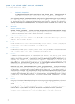 Notes to the Unconsolidated Financial Statements
for the year ended December 31, 2011



	        c)	        Post retirement medical benefits	
		                  The Bank provides post retirement medical benefits to eligible retired employees. Provision is made annually to meet the
                    cost of such medical benefits on the basis of actuarial valuation carried out using the Projected Unit Credit Method. 	

	        Annual contributions towards the defined benefit schemes are made on the basis of actuarial valuation carried out using the Projected
         Unit Credit Method. Actuarial gains/losses arising from experience adjustments and changes in actuarial assumptions are amortized
         over the future expected remaining working lives of the employees, to the extent, excess of the greater of ten percent of the present
         value of the defined benefit obligations at that date (before deducting plan assets) and ten percent of the fair value of any plan assets
         at that date.	

5.7.2	   Other benefits	
	        Employees’ compensated absences	
	        Employees’ entitlement to annual leave is recognised when they accrue to employees. A provision is made for estimated liability for
         annual leaves as a result of services rendered by the employee against unavailed leaves, as per terms of service contract, up to the date
         of statement of financial position, based on actuarial valuation using Projected Unit Credit Method. 	

5.8	     Assets acquired in satisfaction of claims	
	        The Bank occasionally acquires assets in settlement of certain advances. These are stated at lower of the carrying value of the related
         advances and the current fair value of such assets.	

5.9	Deposits	
	        Deposits are initially recorded at the amount of proceeds received. Mark-up accrued on deposits is recognized separately as part of
         other liabilities and is charged to the profit and loss account on a time proportion basis.	

5.10	    Subordinated loans	
	        Subordinated loans are initially recorded at the amount of proceeds received. Mark-up accrued on these loans is recognized separately
         as part of other liabilities and is charged to the profit and loss account on a time proportion basis.	

5.11	Impairment	
	        At each date of statement of financial position, the Bank reviews the carrying amount of its assets (other then deferred tax assets)
         to determine whether there is an indication that those assets have suffered an impairment loss. If any such indication exists, the
         recoverable amount of assets is estimated in order to determine the extent of the impairment loss, if any. Recoverable amount is the
         greater of net selling price and value in use. If the recoverable amount of an asset is estimated to be less than its carrying amount,
         the carrying amount of the assets is reduced to its recoverable amount. The resulting impairment loss is recognized as an expense
         immediately, except for the impairment loss on revalued fixed assets which is adjusted against the related revaluation surplus to the
         extent that the impairment loss does not exceed the surplus on revaluation of those assets.	

	        For assets excluding goodwill, an assessment is made at each reporting date as to whether there is any indication that previously
         recognised impairment losses may no longer exist or may have decreased. If such indication exists, the Bank estimates the asset’s or
         cash-generating unit’s recoverable amount. A previously recognized impairment loss is reversed only if there has been a change in the
         assumptions used to determine the asset’s recoverable amount since the last impairment loss was recognised. The reversal is limited
         so that the carrying amount of the asset does not exceed its recoverable amount, nor exceed the carrying amount that would have
         been determined, net of depreciation, had no impairment loss been recognised for the asset in prior years. Such reversal is recognised
         in the profit and loss account unless the asset is carried at a revalued amount, in which case the reversal is treated as a revaluation
         increase.	

5.12	Provisions	
	        Provisions are recognized when the Bank has a present obligation (legal or constructive) as a result of past events and it is probable that
         an outflow of resources embodying economic benefits will be required to settle the obligation and a reliable estimate of the amount can
         be made.	

	        Provision against identified non-funded losses is recognized when intimated and reasonable certainty exists for the Bank to settle the
         obligation. The loss is charged to the profit and loss account net of expected recovery and is classified under other liabilities.	

	        Provisions are reviewed at the date of statement of financial position and are adjusted to reflect the current best estimate.	
	




    86
 