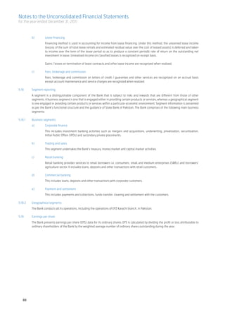 Notes to the Unconsolidated Financial Statements
for the year ended December 31, 2011



	         b)	       Lease financing	
		                  Financing method is used in accounting for income from lease financing. Under this method, the unearned lease income
                    (excess of the sum of total lease rentals and estimated residual value over the cost of leased assets) is deferred and taken
                    to income over the term of the lease period so as to produce a constant periodic rate of return on the outstanding net
                    investment in lease. Unrealised income on classified leases is recognized on receipt basis.	

		                  Gains / losses on termination of lease contracts and other lease income are recognized when realized.	
	
	 c)	               Fees, brokerage and commission	
		                  Fees, brokerage and commission on letters of credit / guarantee and other services are recognized on an accrual basis
                    except account maintenance and service charges are recognized when realized.	

5.18	     Segment reporting	
	         A segment is a distinguishable component of the Bank that is subject to risks and rewards that are different from those of other
          segments. A business segment is one that is engaged either in providing certain products or services, whereas a geographical segment
          is one engaged in providing certain products or services within a particular economic environment. Segment information is presented
          as per the Bank’s functional structure and the guidance of State Bank of Pakistan. The Bank comprises of the following main business
          segments:	
	
5.18.1	   Business segments	
	         a)	       Corporate finance	
		                  This includes investment banking activities such as mergers and acquisitions, underwriting, privatization, securitization,
                    Initial Public Offers (IPOs) and secondary private placements.	
	
	         b)	       Trading and sales	
		                  This segment undertakes the Bank’s treasury, money market and capital market activities.	
	
	 c)	               Retail banking	
		                  Retail banking provides services to small borrowers i.e. consumers, small and medium enterprises (SMEs) and borrowers’
                    agriculture sector. It includes loans, deposits and other transactions with retail customers.	
	
	         d)	       Commercial banking	
		                  This includes loans, deposits and other transactions with corporate customers.	
	
	 e)	               Payment and settlement	
		               This includes payments and collections, funds transfer, clearing and settlement with the customers.	
	
5.18.2	 Geographical segments	
	         The Bank conducts all its operations, including the operations of EPZ Karachi branch, in Pakistan.	
	
5.19	     Earnings per share	
	         The Bank presents earnings per share (EPS) data for its ordinary shares. EPS is calculated by dividing the profit or loss attributable to
          ordinary shareholders of the Bank by the weighted average number of ordinary shares outstanding during the year.	
	
	




    88
 