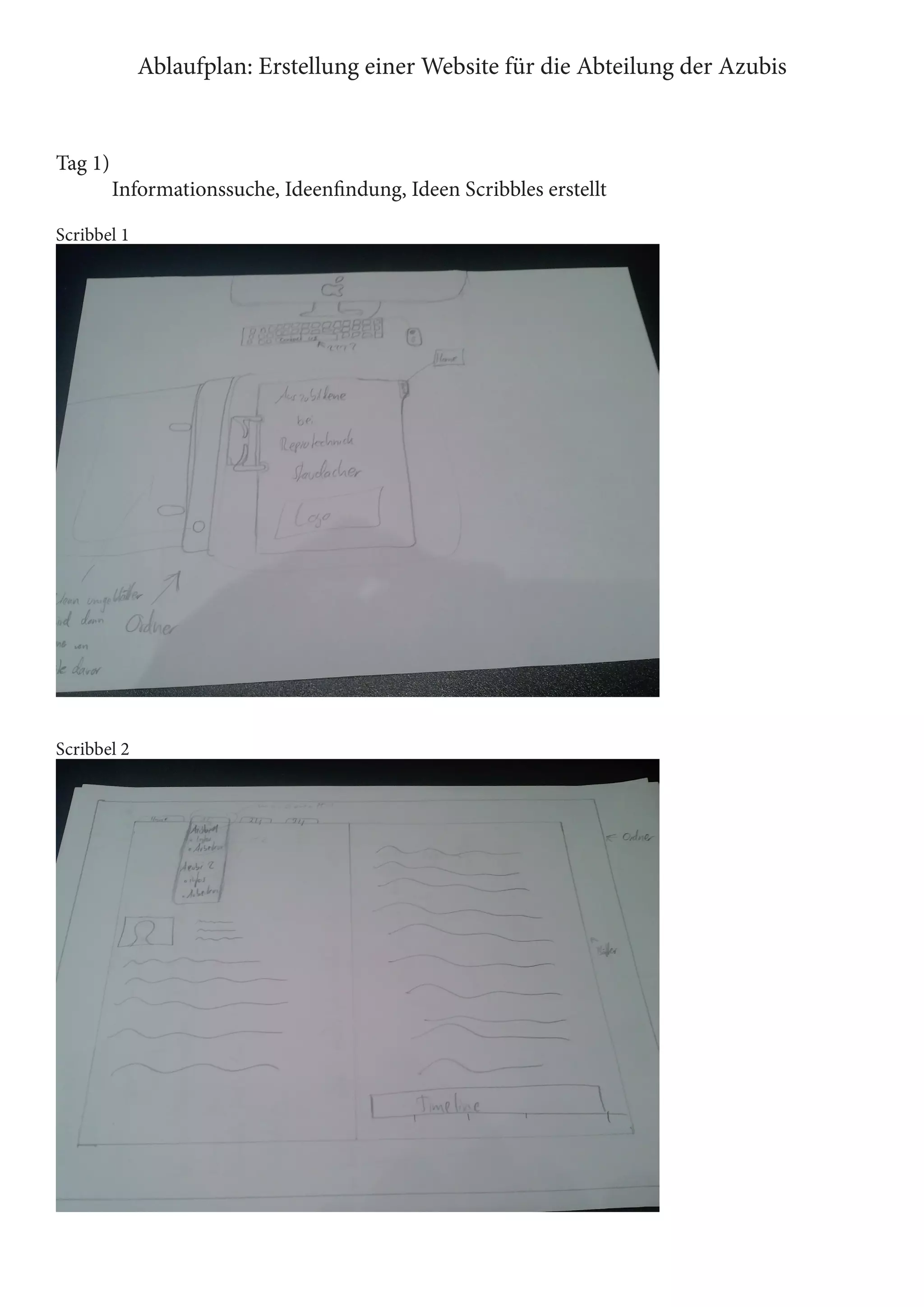 Ablaufplan: Erstellung einer Website für die Abteilung der Azubis
Tag 1)
Informationssuche, Ideenfindung, Ideen Scribbles erstellt
Scribbel 1
Scribbel 2