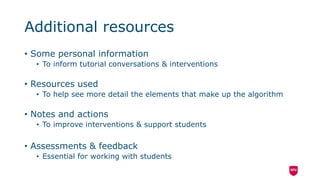 Additional resources
• Some personal information
• To inform tutorial conversations & interventions
• Resources used
• To help see more detail the elements that make up the algorithm
• Notes and actions
• To improve interventions & support students
• Assessments & feedback
• Essential for working with students
 