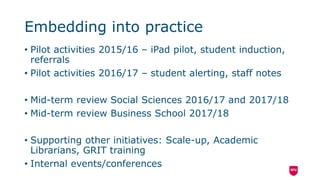 Embedding into practice
• Pilot activities 2015/16 – iPad pilot, student induction,
referrals
• Pilot activities 2016/17 – student alerting, staff notes
• Mid-term review Social Sciences 2016/17 and 2017/18
• Mid-term review Business School 2017/18
• Supporting other initiatives: Scale-up, Academic
Librarians, GRIT training
• Internal events/conferences
 