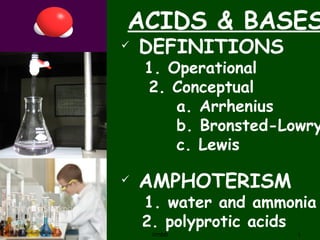 ACIDS & BASES
               DEFINITIONS
                1. Operational
                2. Conceptual
                    a. Arrhenius
                    b. Bronsted-Lowry
                    c. Lewis

               AMPHOTERISM
                1. water and ammonia
8/19/2006
                2. polyprotic acids
                 /rmbb            1
 