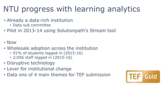NTU progress with learning analytics
• Already a data-rich institution
• Data sub committee
• Pilot in 2013-14 using Solutionpath’s Stream tool
• Now
• Wholesale adoption across the institution
• 91% of students logged in (2015-16)
• 2,056 staff logged in (2015-16)
• Disruptive technology
• Lever for institutional change
• Data one of 4 main themes for TEF submission
 