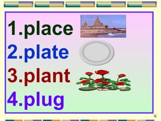 1.place
2.plate
3.plant
4.plug
 