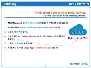 Summary

APEX Platform
Think about Google, Facebook, Twitter.
It’s time to prepare Next Amazing Service.

1.

APEX Platform 는 클라우드 컴퓨팅 기술 역량이 있는 아주 액티브한 스타트업입니다.

2.

우리가 만들려는 것은 일과 삶의 생산성을 높혀주는 클라우드 서비스 입니다.

3.

그 놈은 abler 라고 합니다.

4.

그 놈의 핵심기술인 Collaboration Engine 을 탑재한 BaaS 는 이미 만들어지고
있습니다.

5.

그 놈은 스스로 마케팅 을 해냅니다.

6.

우리는 목표 중 하나는 Google Apps for Business 를 잡는 것 입니다.

BASE●CAMP

It’s your TURN.
3

 