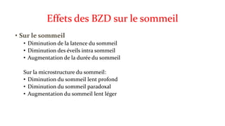 Effets des BZD sur le sommeil 
• Sur le sommeil 
• Diminution de la latence du sommeil 
• Diminution des éveils intra sommeil 
• Augmentation de la durée du sommeil 
Sur la microstructure du sommeil: 
• Diminution du sommeil lent profond 
• Diminution du sommeil paradoxal 
• Augmentation du sommeil lent léger 
 