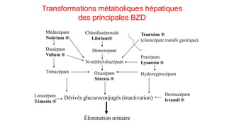 Transformations métaboliques hépatiques 
des principales BZD 
Chlordiazépoxide 
Librium® 
Tranxène ® 
(clorazépate transfo gastrique) 
Prazépam 
Lysanxia ® 
Hydroxyprazépam 
Médazépam 
Nobrium ® 
Diazépam 
Valium ® 
Témazépam 
Démoxepam 
N-méthyl-diazépam 
Oxazépam 
Séresta ® 
Lorazépam 
Témesta ® 
Bromazépam 
lexomil ® Dérivés glucuroconjugés (inactivation) 
Élimination urinaire 
 