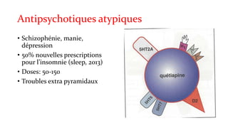 Antipsychotiques atypiques 
• Schizophénie, manie, 
dépression 
• 50% nouvelles prescriptions 
pour l’insomnie (sleep, 2013) 
• Doses: 50-150 
• Troubles extra pyramidaux 
 