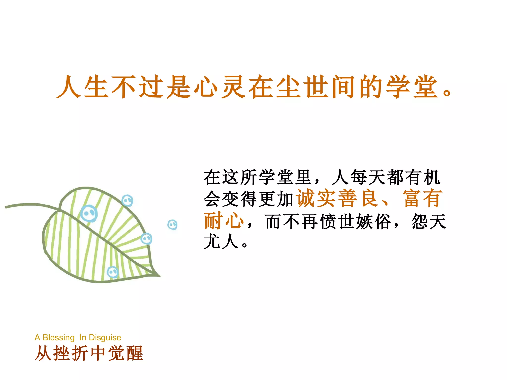 人生不过是心灵在尘世间的学堂。 在这所学堂里，人每天都有机会变得更加 诚实善良、富有耐心 ，而不再愤世嫉俗，怨天尤人。 A Blessing  In Disguise 从挫折中觉醒 