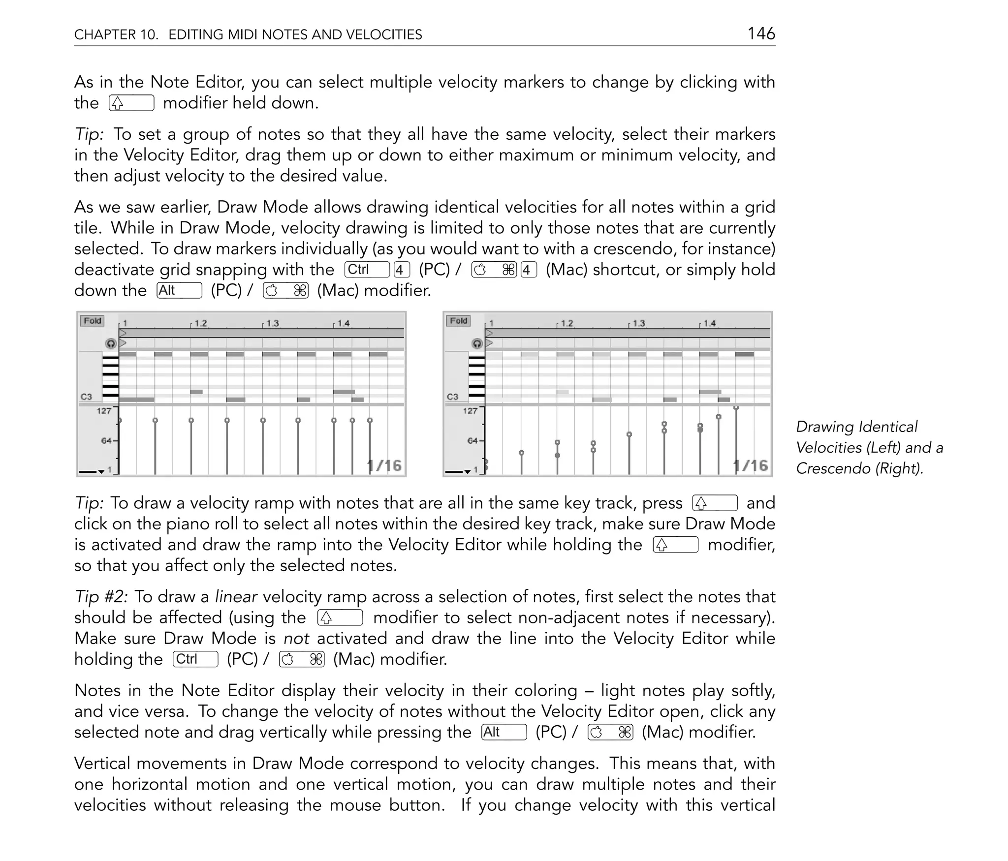 CHAPTER 10. EDITING MIDI NOTES AND VELOCITIES                                             146

As in the Note Editor, you can select multiple velocity markers to change by clicking with
the        modi er held down.
Tip: To set a group of notes so that they all have the same velocity, select their markers
in the Velocity Editor, drag them up or down to either maximum or minimum velocity, and
then adjust velocity to the desired value.
As we saw earlier, Draw Mode allows drawing identical velocities for all notes within a grid
tile. While in Draw Mode, velocity drawing is limited to only those notes that are currently
selected. To draw markers individually (as you would want to with a crescendo, for instance)
deactivate grid snapping with the Ctrl     4 (PC) /       4 (Mac) shortcut, or simply hold
down the Alt      (PC) /       (Mac) modi er.




                                                                                                 Drawing Identical
                                                                                                 Velocities (Left) and a
                                                                                                 Crescendo (Right).

Tip: To draw a velocity ramp with notes that are all in the same key track, press         and
click on the piano roll to select all notes within the desired key track, make sure Draw Mode
is activated and draw the ramp into the Velocity Editor while holding the             modi er,
so that you affect only the selected notes.
Tip #2: To draw a linear velocity ramp across a selection of notes, rst select the notes that
should be affected (using the           modi er to select non-adjacent notes if necessary).
Make sure Draw Mode is not activated and draw the line into the Velocity Editor while
holding the Ctrl    (PC) /         (Mac) modi er.
Notes in the Note Editor display their velocity in their coloring light notes play softly,
and vice versa. To change the velocity of notes without the Velocity Editor open, click any
selected note and drag vertically while pressing the Alt    (PC) /       (Mac) modi er.
Vertical movements in Draw Mode correspond to velocity changes. This means that, with
one horizontal motion and one vertical motion, you can draw multiple notes and their
velocities without releasing the mouse button. If you change velocity with this vertical
 