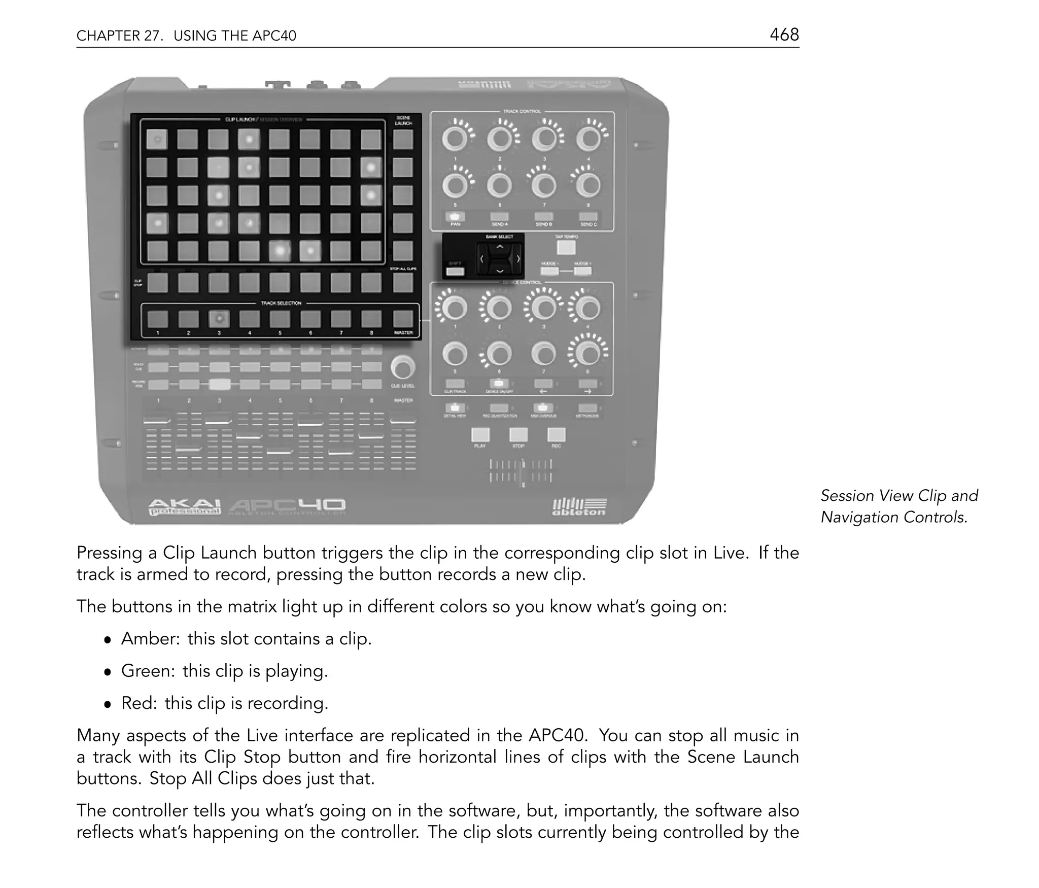 CHAPTER 27. USING THE APC40                                                               468




                                                                                                 Session View Clip and
                                                                                                 Navigation Controls.

Pressing a Clip Launch button triggers the clip in the corresponding clip slot in Live. If the
track is armed to record, pressing the button records a new clip.
The buttons in the matrix light up in different colors so you know what's going on:
   ˆ Amber: this slot contains a clip.
   ˆ Green: this clip is playing.
   ˆ Red: this clip is recording.
Many aspects of the Live interface are replicated in the APC40. You can stop all music in
a track with its Clip Stop button and re horizontal lines of clips with the Scene Launch
buttons. Stop All Clips does just that.
The controller tells you what's going on in the software, but, importantly, the software also
re ects what's happening on the controller. The clip slots currently being controlled by the
 