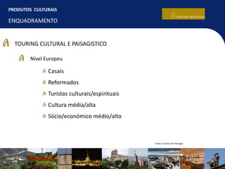 PRODUTOS CULTURAIS
ENQUADRAMENTO
Casais
Reformados
Turistas culturais/espirituais
Cultura média/alta
Sócio/económico médio/alto
TOURING CULTURAL E PAISAGISTICO
Nível Europeu
Fonte: Turismo de Portugal
 