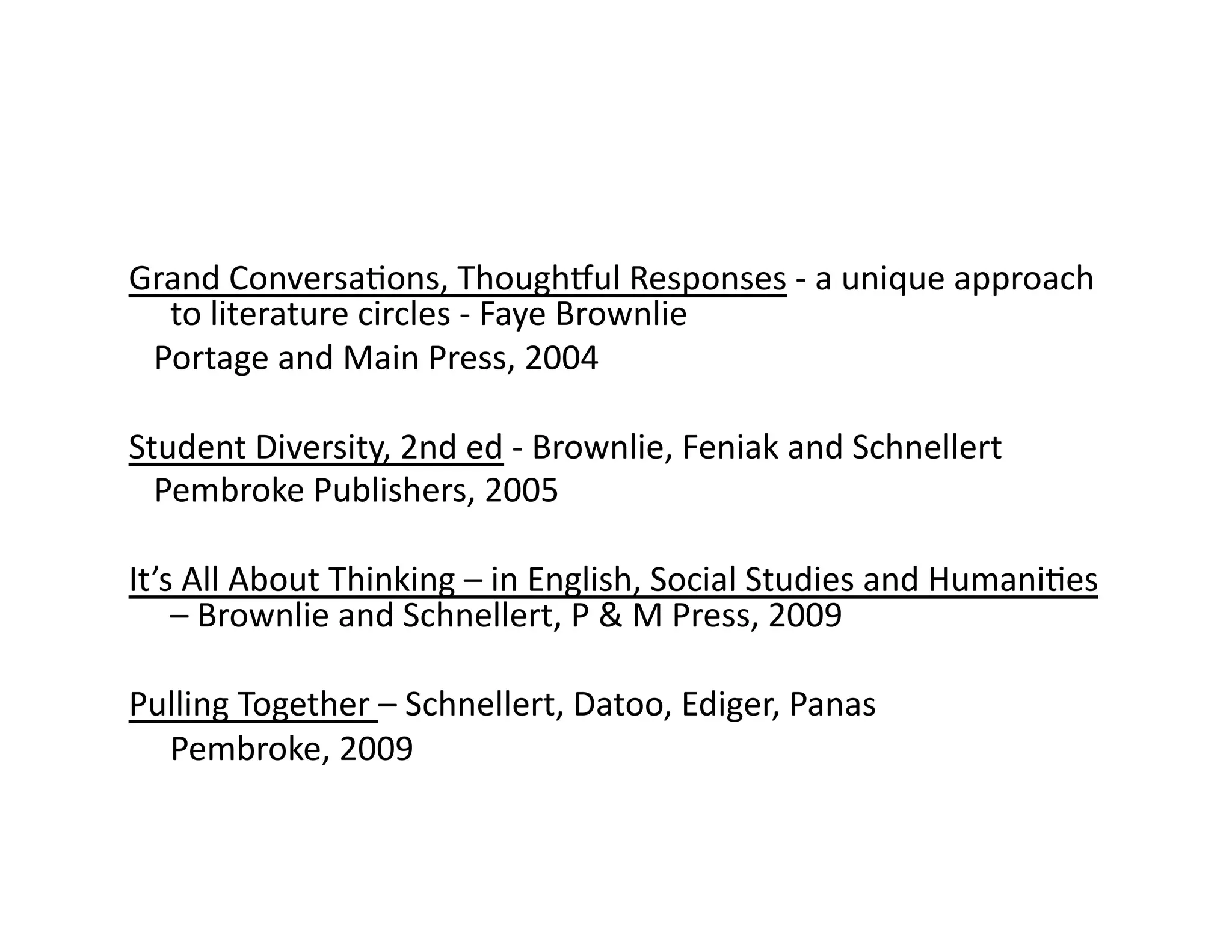 Grand 
Conversa?ons, 
Thoughful 
Responses 
-­‐ 
a 
unique 
approach 
to 
literature 
circles 
-­‐ 
Faye 
Brownlie 
Portage 
and 
Main 
Press, 
2004 
Student 
Diversity, 
2nd 
ed 
-­‐ 
Brownlie, 
Feniak 
and 
Schnellert 
Pembroke 
Publishers, 
2005 
It’s 
All 
About 
Thinking 
– 
in 
English, 
Social 
Studies 
and 
Humani?es 
– 
Brownlie 
and 
Schnellert, 
P 
& 
M 
Press, 
2009 
Pulling 
Together 
– 
Schnellert, 
Datoo, 
Ediger, 
Panas 
Pembroke, 
2009 
