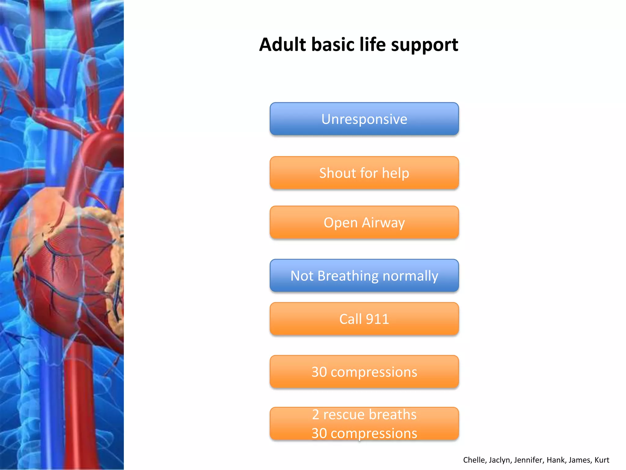 Adult basic life support


       Unresponsive


       Shout for help


       Open Airway


   Not Breathing normally

          Call 911


      30 compressions

      2 rescue breaths
      30 compressions
                            Chelle, Jaclyn, Jennifer, Hank, James, Kurt
 