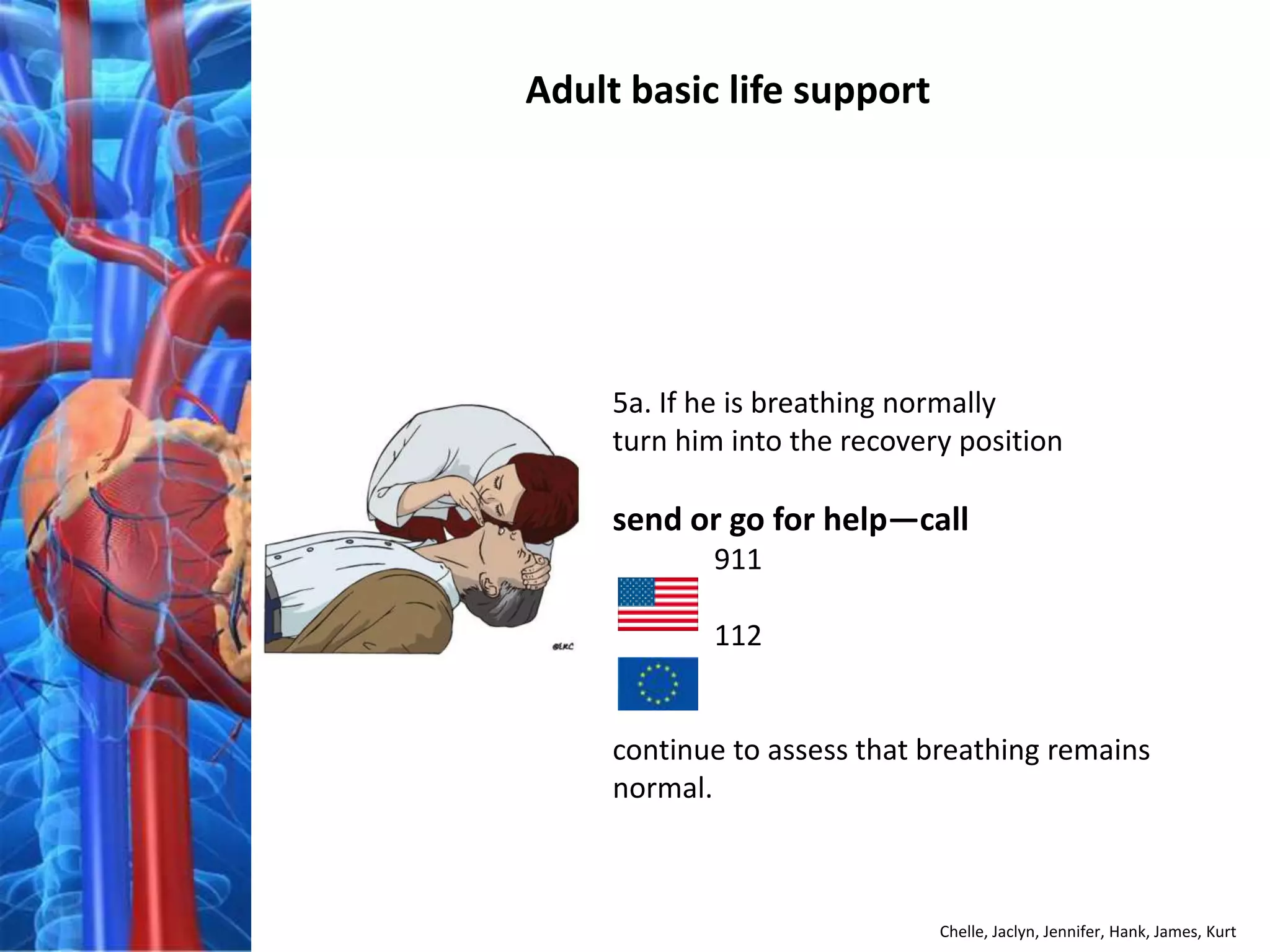Adult basic life support




     5a. If he is breathing normally
     turn him into the recovery position

     send or go for help—call
            911

            112


     continue to assess that breathing remains
     normal.



                              Chelle, Jaclyn, Jennifer, Hank, James, Kurt
 