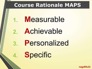 Course Rationale MAPS
1. Measurable
2. Achievable
3. Personalized
4. Specific
nagaRAJU
 