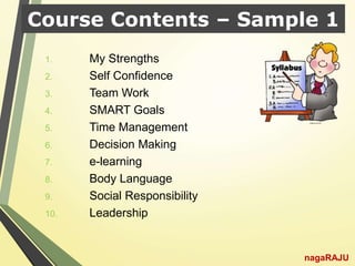 Course Contents – Sample 1
1. My Strengths
2. Self Confidence
3. Team Work
4. SMART Goals
5. Time Management
6. Decision Making
7. e-learning
8. Body Language
9. Social Responsibility
10. Leadership
nagaRAJU
 