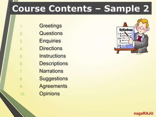 Course Contents – Sample 2
1. Greetings
2. Questions
3. Enquiries
4. Directions
5. Instructions
6. Descriptions
7. Narrations
8. Suggestions
9. Agreements
10. Opinions
nagaRAJU
 