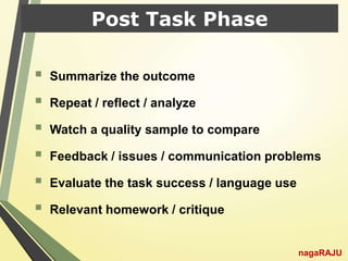 Post Task Phase
 Summarize the outcome
 Repeat / reflect / analyze
 Watch a quality sample to compare
 Feedback / issues / communication problems
 Evaluate the task success / language use
 Relevant homework / critique
nagaRAJU
 
