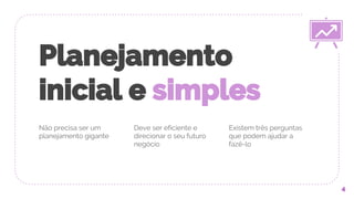 Planejamento
inicial e simples
Não precisa ser um
planejamento gigante
Deve ser eficiente e
direcionar o seu futuro
negócio
Existem três perguntas
que podem ajudar a
fazê-lo
4
 