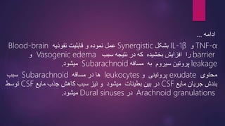 ‫ادامه‬
...
TNF-α
‫و‬
IL-1β
‫بشکل‬
Synergistic
‫و‬ ‫نموده‬ ‫عمل‬
‫نفوذیه‬ ‫قابلیت‬
Blood-brain
barrier
‫را‬
‫بخشیده‬ ‫افزایش‬
‫سبب‬ ‫نتیجه‬ ‫در‬ ‫که‬
Vasogenic edema
‫و‬
leakage
‫سیروم‬ ‫پروتین‬
‫مسافه‬ ‫به‬
Subarachnoid
‫میشود‬
.
‫محتوی‬
exudate
‫و‬ ‫پروتینی‬
leukocytes
‫مسافه‬ ‫در‬ ‫ها‬
Subarachnoid
‫سبب‬
‫مایع‬ ‫جریان‬ ‫بندش‬
CSF
‫مایع‬ ‫جذب‬ ‫کاهش‬ ‫سبب‬ ‫نیز‬ ‫و‬ ‫میشود‬ ‫بطینات‬ ‫بین‬ ‫در‬
CSF
‫توسط‬
Arachnoid granulations
‫در‬
Dural sinuses
‫میشود‬
.
17
 