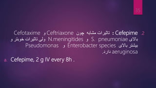 .2
Cefepime
:
‫چون‬ ‫مشابه‬ ‫تاثیرات‬
Ceftriaxone
‫و‬
Cefotaxime
‫باالی‬
S. pneumoniae
‫و‬
N.meningitides
‫و‬ ‫خوبتر‬ ‫تاثیرات‬ ‫ولی‬
‫باالی‬ ‫بیشتر‬
Enterobacter species
‫و‬
Pseudomonas
aeruginosa
‫دارد‬
.
a. Cefepime, 2 g IV every 8h .
35
 
