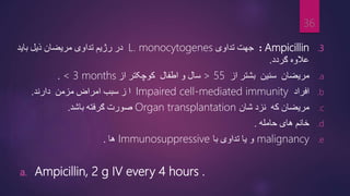 .3
Ampicillin
:
‫تداوی‬ ‫جهت‬
L. monocytogenes
‫باید‬ ‫ذیل‬ ‫مریضان‬ ‫تداوی‬ ‫رژیم‬ ‫در‬
‫ګردد‬ ‫عالوه‬
.
.a
‫مریضان‬
‫سنین‬
‫بشتر‬
‫از‬
> 55
‫سال‬
‫از‬ ‫کوچکتر‬ ‫اطفال‬ ‫و‬
< 3 months
.
.b
‫افراد‬
Impaired cell-mediated immunity
‫ا‬
‫مزمن‬ ‫امراض‬ ‫سبب‬ ‫ز‬
‫دارند‬
.
.c
‫نزد‬ ‫که‬ ‫مریضان‬
‫شان‬
Organ transplantation
‫صورت‬
‫باشد‬ ‫ګرفته‬
.
.d
‫حامله‬ ‫های‬ ‫خانم‬
.
.e
malignancy
‫و‬
‫تداوی‬ ‫یا‬
‫با‬
Immunosuppressive
‫ها‬
.
a. Ampicillin, 2 g IV every 4 hours .
36
 