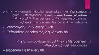 .5
Vancomycin
:
‫جهت‬
‫تداوی‬
Hospital-acquired
meningitis
‫خصوصا‬
‫از‬ ‫بعد‬
‫آن‬ ‫اسباب‬ ‫که‬ ‫عصب‬ ‫جراحی‬ ‫عملیات‬
‫را‬
‫معموال‬
staphylococci
‫و‬
gram-
negative organisms
‫شمول‬ ‫به‬
P
. aeruginosa
‫میدهد‬ ‫تشکیل‬
‫یکجا‬
‫با‬
ceftazidime, cefepime
‫یا‬ ‫و‬
meropenem
‫توصیه‬
‫ګردد‬
.
a. Vancomycin, 1 g IV every 8-12h.
b. Ceftazidime or cefepime, 2 g IV every 8h.
.6
Meropenem
:
‫جهت‬
‫تداوی‬
L. monocytogenes
‫و‬
P
.
aeruginosa
‫نهایت‬
‫میباشد‬ ‫موثر‬ ‫زیاد‬
.
Meropenem 1 g IV every 8h.
38
 