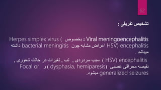 ‫تفریقی‬ ‫تشخیص‬
:
Viral meningoencephalitis
:
‫بخصوص‬
Herpes simplex virus (
HSV) encephalitis
‫چون‬ ‫مشابه‬ ‫اعراض‬
bacterial meningitis
‫داشته‬
‫میباشد‬
.
HSV) encephalitis
)
‫سردردی‬ ‫سبب‬
,
‫تب‬
,
‫در‬ ‫تغیرات‬
‫شعوری‬ ‫حالت‬
,
‫عصبی‬ ‫محراقی‬ ‫نقیصه‬
(
dysphasia, hemiparesis
)
‫و‬
Focal or
generalized seizures
‫میشود‬
.
62
 