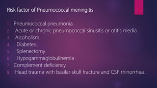 Risk factor of Pneumococcal meningitis
1. Pneumococcal pneumonia.
2. Acute or chronic pneumococcal sinusitis or otitis media.
3. Alcoholism.
4. Diabetes.
5. Splenectomy.
6. Hypogammaglobulinemia .
7. Complement deficiency.
8. Head trauma with basilar skull fracture and CSF rhinorrhea .
7
 