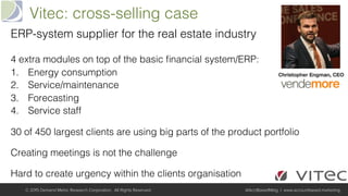 Vitec: cross-selling case!
© 2015 Demand Metric Research Corporation. All Rights Reserved. @AcctBasedMktg | www.accountbased.marketing
ERP-system supplier for the real estate industry!
!
4 extra modules on top of the basic ﬁnancial system/ERP: !
1.  Energy consumption!
2.  Service/maintenance!
3.  Forecasting!
4.  Service staff!
!
30 of 450 largest clients are using big parts of the product portfolio !
Creating meetings is not the challenge!
Hard to create urgency within the clients organisation!
 