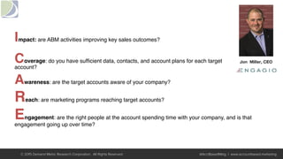 Impact: are ABM activities improving key sales outcomes? 
Coverage: do you have sufﬁcient data, contacts, and account plans for each target  
account?
Awareness: are the target accounts aware of your company?
Reach: are marketing programs reaching target accounts?
Engagement: are the right people at the account spending time with your company, and is that
engagement going up over time?
© 2015 Demand Metric Research Corporation. All Rights Reserved. @AcctBasedMktg | www.accountbased.marketing
 