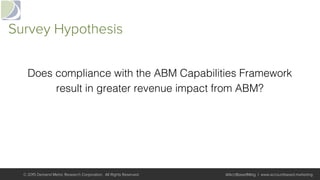 Survey Hypothesis
© 2015 Demand Metric Research Corporation. All Rights Reserved. @AcctBasedMktg | www.accountbased.marketing
Does compliance with the ABM Capabilities Framework !
result in greater revenue impact from ABM? !
 