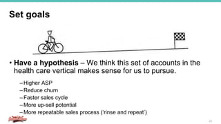 Set goals
• Have a hypothesis – We think this set of accounts in the
health care vertical makes sense for us to pursue.
– Higher ASP
– Reduce churn
– Faster sales cycle
– More up-sell potential
– More repeatable sales process (‘rinse and repeat’)
23
 