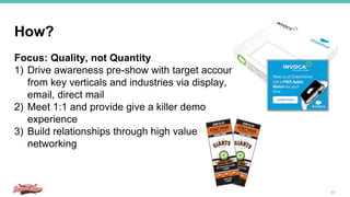 How?
47
Focus: Quality, not Quantity
1) Drive awareness pre-show with target accounts
from key verticals and industries via display,
email, direct mail
2) Meet 1:1 and provide give a killer demo
experience
3) Build relationships through high value
networking
 