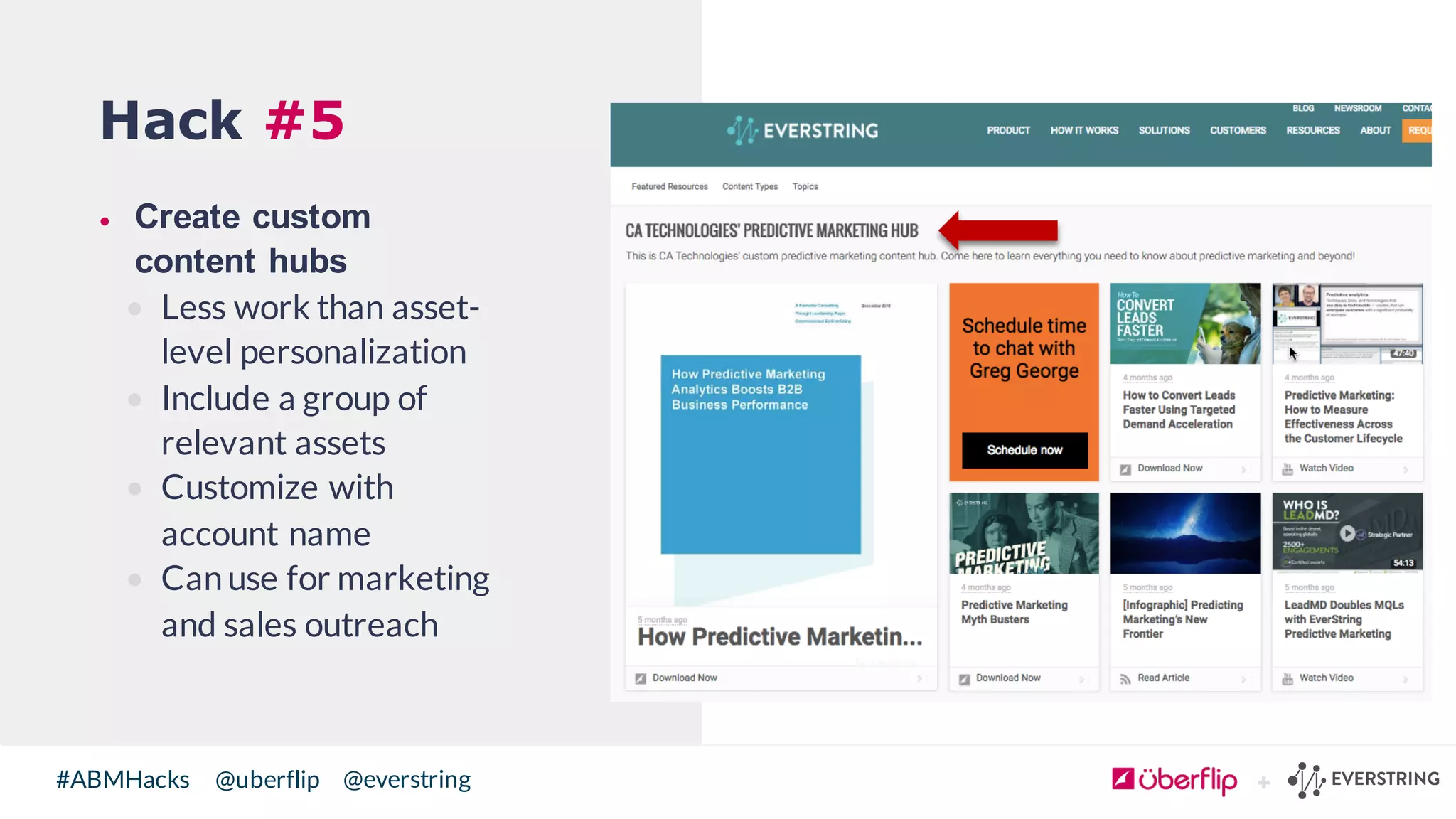 @uberflip#ABMHacks @everstring
Hack #5
• Create  custom  
content  hubs
• Less work than asset-
level personalization
• Include a group of
relevant assets
• Customize with
account name
• Canuse for marketing
and sales outreach
 