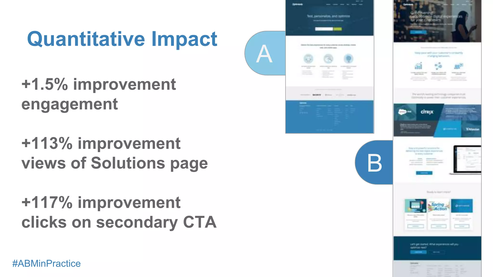 @caraharshman #CTAConf
B
A
+1.5% improvement
engagement
+113% improvement
views of Solutions page
+117% improvement
clicks on secondary CTA
Quantitative Impact
#ABMinPractice
 